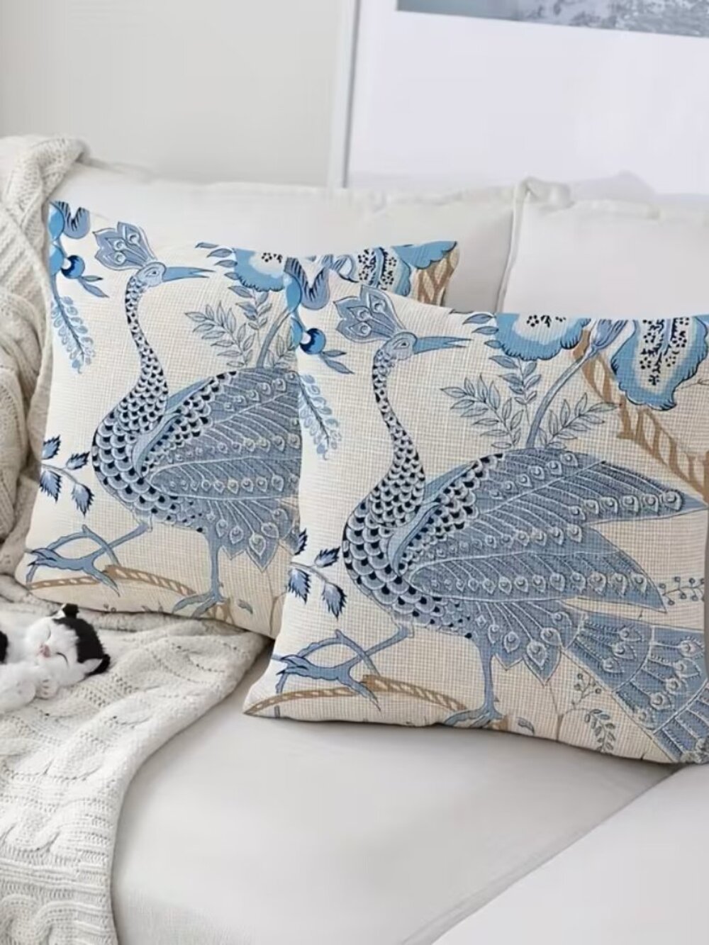 SET of 2 Summer Home Decorative Pillowcases - Blue Peacocks 20" x 20"